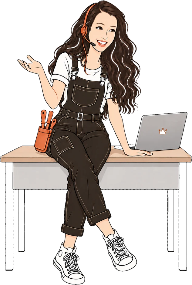 Chan the plumber sitting on a desk in a headset, laptop open beside her