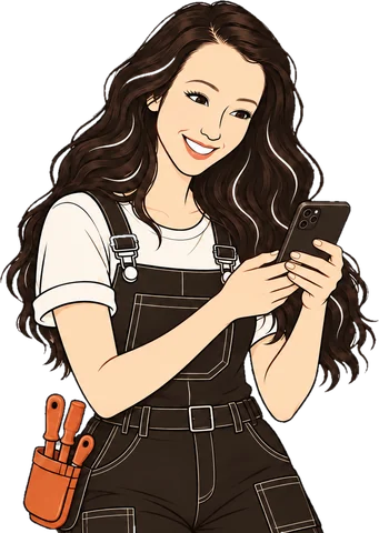Chan the plumber smiling at her phone